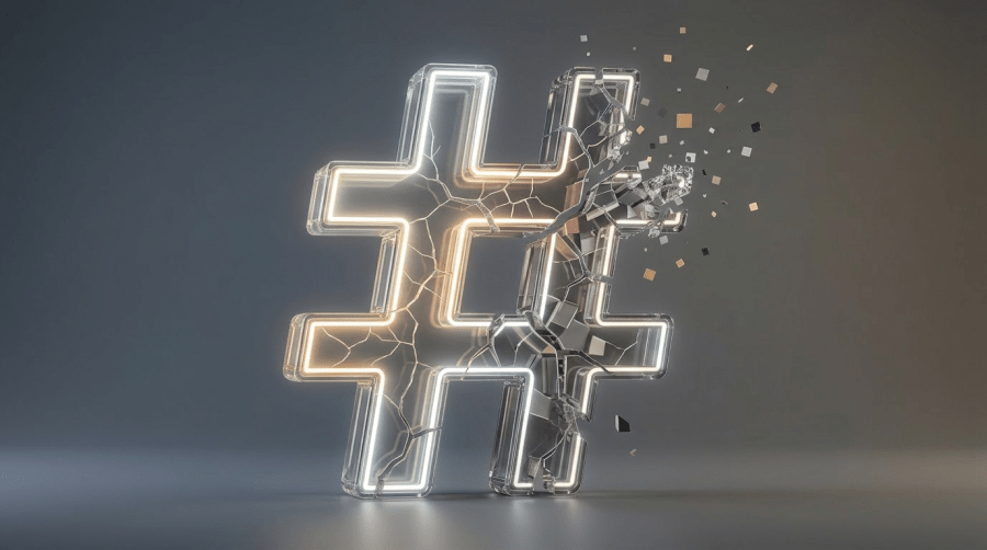 Digital illustration of cracking hashtags and a gravestone with RIP symbolizing hashtags dying out